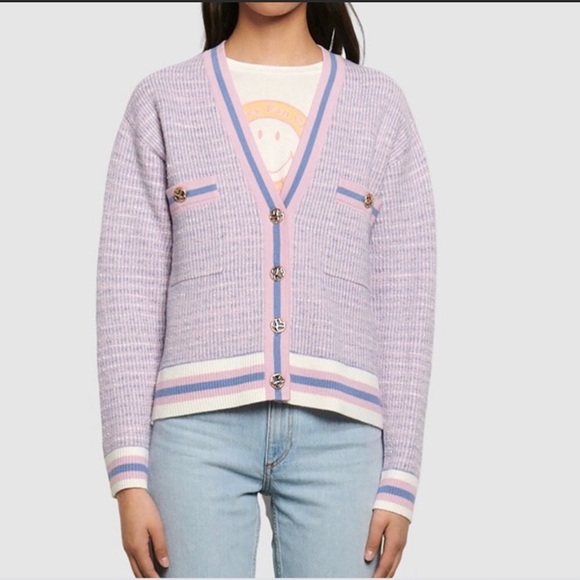 Sandro Pink Blue Cropped Tweed Cardigan 